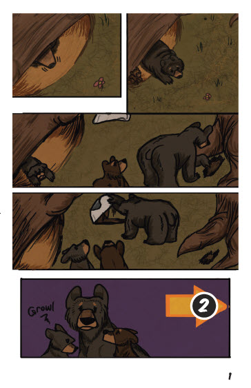 A black bear and two cubs emerge from hybernation. The stomachs of the cubs are growling. 